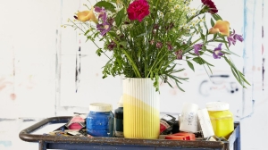 Herringbone Vase, ribbed yellow