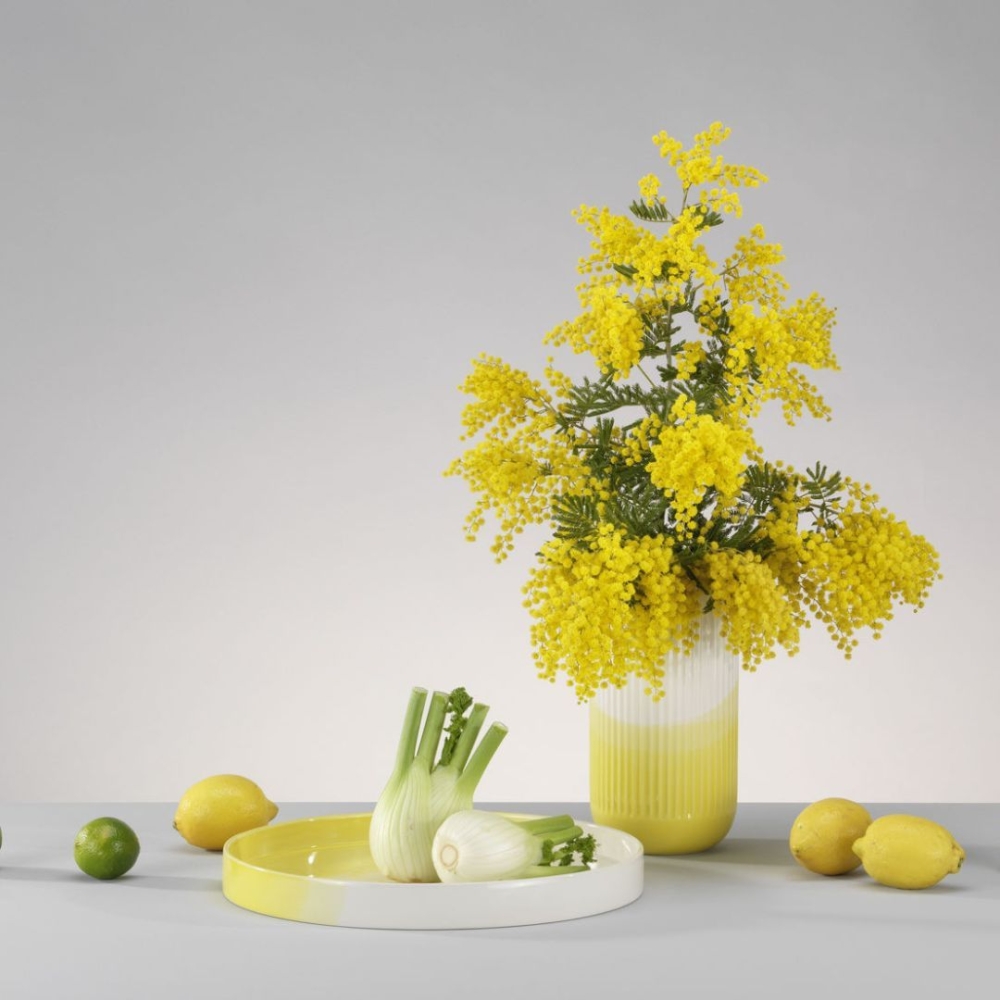 Herringbone Vase, ribbed yellow